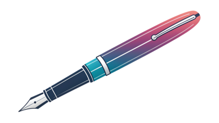 Modern fountain pen illustration with a vibrant gradient color scheme and metallic accents isolated on a transparent background