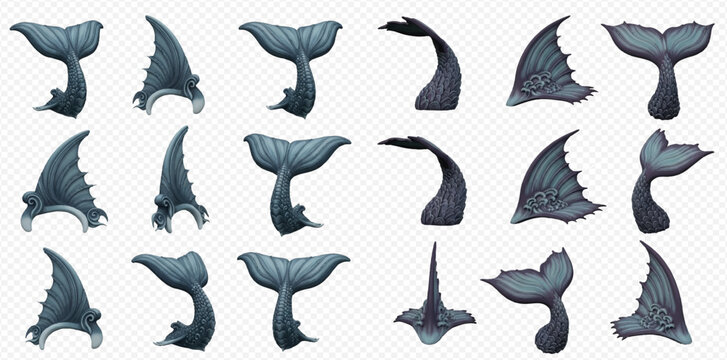 Set of various fantasy mermaid and merman tails, fins, and flukes in different shapes and poses.