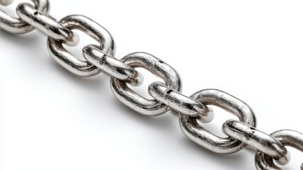 Fototapeta premium Macro shot of a silver chain with reflective links on a clean white backdrop