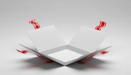 Open gift box with red ribbon on white background symbolizing surprise or celebration