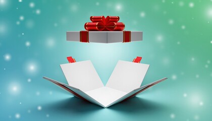 Open gift box with red ribbon and a floating wrapped present above on festive green background