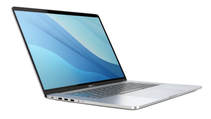 Modern silver notebook computer with an open screen showing abstract blue wallpaper isolated on a transparent background