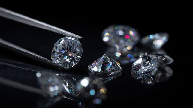 Macro shot of round brilliant, emerald, radiant, and trillion diamonds on a reflective black background with tweezers presenting a stone