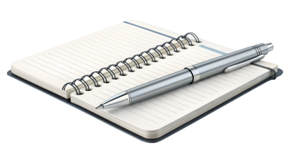 Open spiral-bound notebook with lined paper and a metallic silver ballpoint pen resting on the pages isolated on a white background.