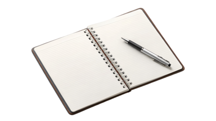 Open spiral notebook featuring blank lined pages and a silver ballpoint pen, ready for business notes or planning, isolated on transparent background.