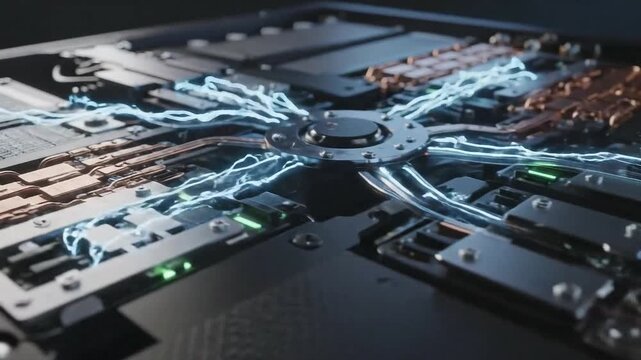 Close-up of computer hardware with electric blue circuits