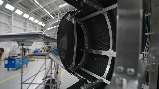 Close-up of aircraft engine in a modern industrial hangar
