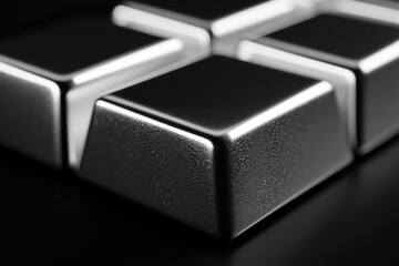 Abstract close-up of black metallic cubes with reflective edges, futuristic geometric background for technology branding, minimal design, innovation, industry and 3D render.