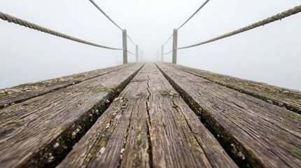Fototapeta premium Eerie Wooden Plank Bridge with Rope Railings Disappearing into Thick Fog, Symbolizing Uncertainty and the Unknown