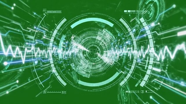 Abstract glowing HUD elements pulse with energy with Abstract glowing HUD data streams effect ad_ready green screen futuristic HUD