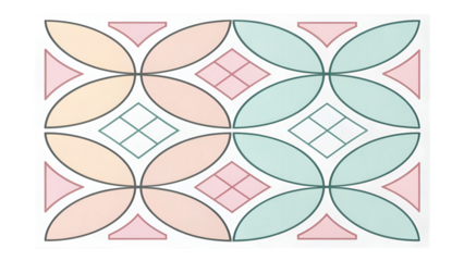 Repeating floral and geometric tile pattern with soft pastel ovals, diamonds, and triangles for textiles and backgrounds