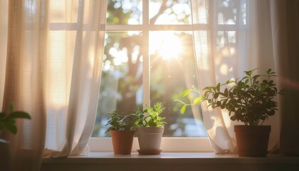 Golden Sunlight Streams Through Sheer Window Curtains with Potted Plants