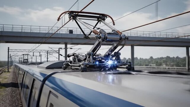 High-speed train with pantograph in motion on railway track