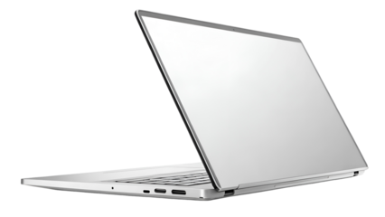 Sleek modern silver notebook computer with an open, blank screen presented from a dramatic side angle perspective.