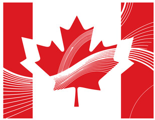 A striking flag-inspired artwork featuring a bold red maple leaf at the center, set against a segmented white and red mosaic. Evokes patriotism, national pride, and modern graphic design