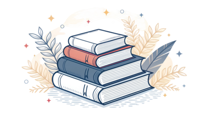 Stack of colorful books surrounded by decorative foliage and feathers, symbolizing knowledge, education, and literature.