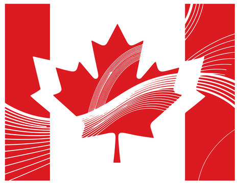 A striking flag-inspired artwork featuring a bold red maple leaf at the center, set against a segmented white and red mosaic. Evokes patriotism, national pride, and modern graphic design