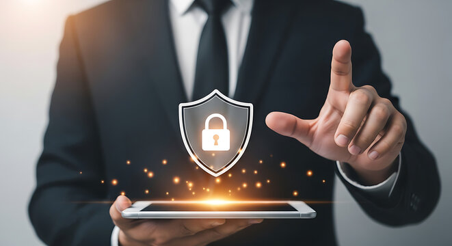 Man in suit using tablet for digital security and cybersecurity network protection - Powered by Adobe