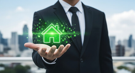 Man in suit holding green house icon on palm over city real estate concept