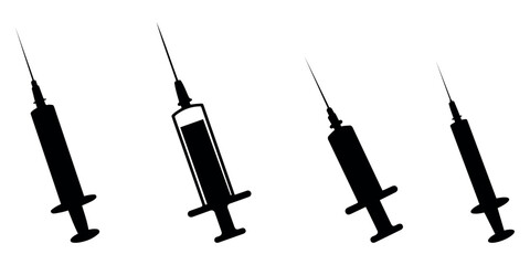 Syringe injection silhouette vector set in minimal flat style. Medical syringe icons collection with transparent background, suitable for healthcare, medicine, vaccination, and medical design use. © Taslima