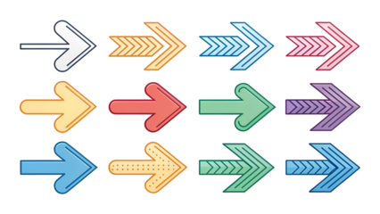 Twelve diverse collection of colorful arrow icons representing direction, flow, and forward movement on a black background