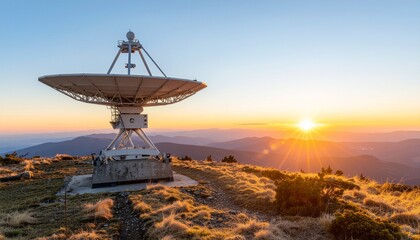 Satellite Dish on Mountain Peak with Golden Sunset Sky