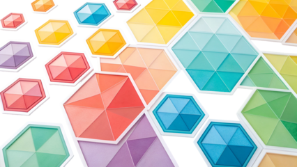 Vibrant geometric background composed of interconnected faceted hexagonal shapes in a full spectrum of rainbow colors.