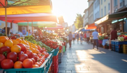 Vibrant Outdoor Market with Fresh Produce Under Colorful Awnings on a Sunny Day