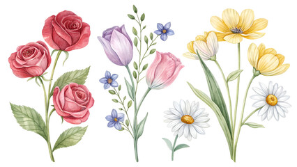 Watercolor arrangement of pink roses, purple tulips, yellow flowers, and white daisies isolated on a transparent background