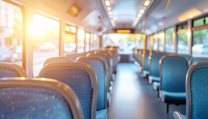 Warm Sunlight Illuminates Empty Rows of Blue Seats Inside a Modern Bus
