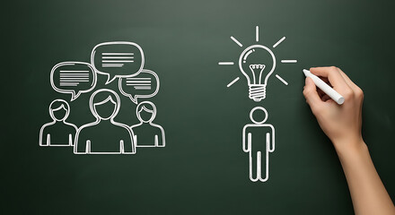 Brainstorming ideas: team discussions spark innovation with hand drawing lightbulb