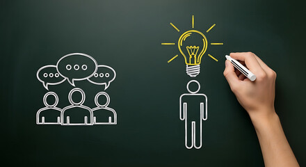 Ideas flowing from teamwork and collaboration with hand drawn lightbulb of inspiration