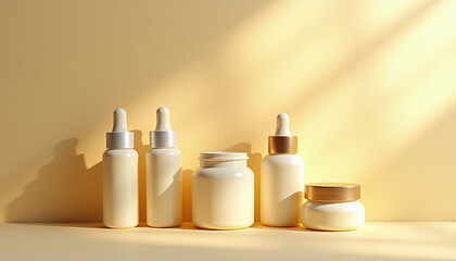 Vials and jars for skin care with golden metal caps on light background. Advertising luxury cosmetic products. Minimalism style. Copy space.