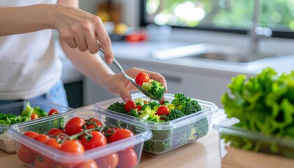 Womans Hands Preparing Fresh Vegetable Meal Prep Containers in a Kitchen