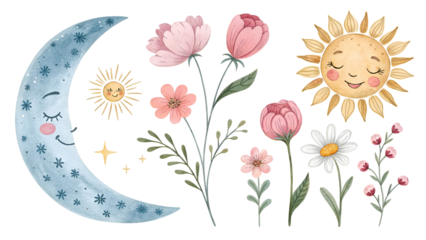 Watercolor illustration of a sleeping moon, smiling sun, and bohemian pink flowers isolated on transparent background