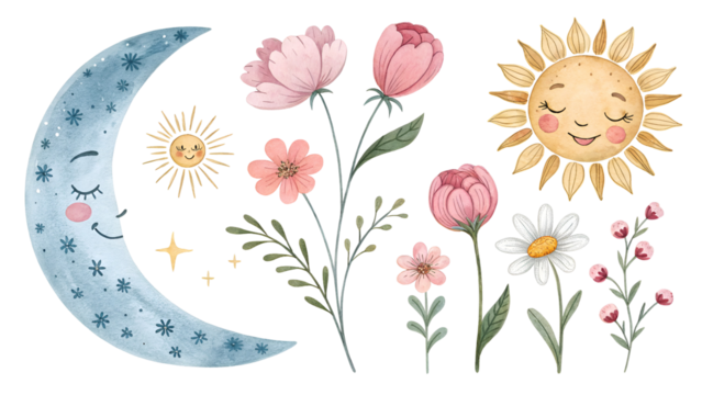Watercolor illustration of a sleeping moon, smiling sun, and bohemian pink flowers isolated on transparent background - Powered by Adobe