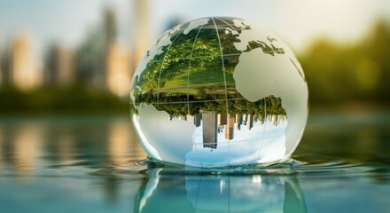 Glass globe reflecting an inverted city skyline over calm water with greenery
