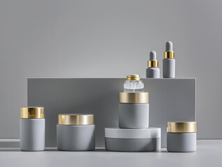 Vials and jars for skin care with golden metal caps on grey background. Advertising luxury cosmetic products. Minimalism style. Copy space.