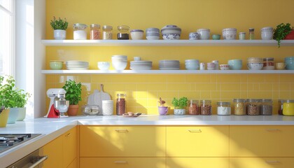 Bright Modern Yellow Kitchen Interior with Organized Shelves and Kitchenware