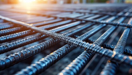 Close up of Steel Reinforcement Bars Forming a Grid at a Construction Site