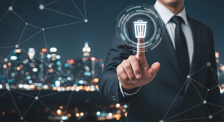Man in suit touching delete icon on screen with modern skyline view