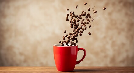 A vibrant red cup overflowing with cascading freshly roasted coffee beans