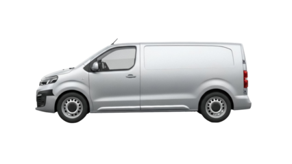 Isolated metallic silver panel van on studio background for commercial, delivery, and work uses