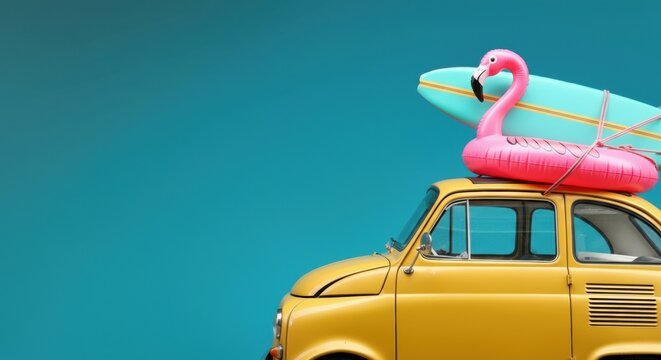 Yellow car with inflatable flamingo and surfboard on the roof against teal background