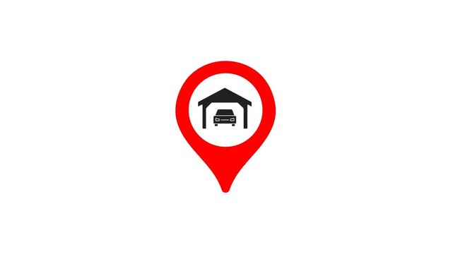 Animated red GPS map pin icon with a car garage symbol for parking location apps, real estate listings, and automotive service finders on white.

