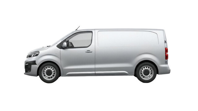 Isolated metallic silver panel van on studio background for commercial, delivery, and work uses