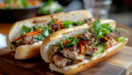 Delicious Banh Mi Sandwiches with Grilled Pork and Fresh Vegetables