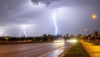 Dramatic Night Thunderstorm with Lightning Strikes over City Skyline and Highway