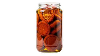 Isolated jar of semi-dried tomatoes in olive oil, delicious red vegan food, preserved vegetables