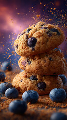 Delicious blueberry cookies stacked in a colorful, dreamy setting